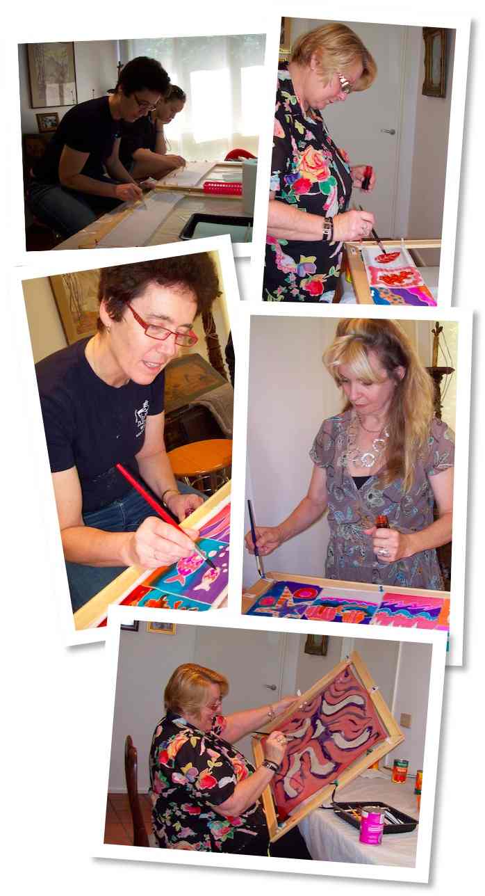 Silk painting in Melbourne - all students' hand-painted silk scarves - Workshop with Teena Hughes