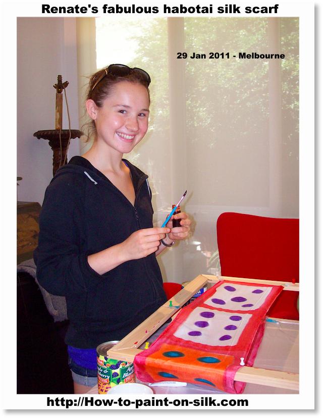 Silk painting in Melbourne - Renate's hand-painted silk scarf - Workshop with Teena Hughes