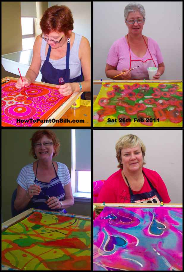 Four students learning how to paint on silk with Teena Hughes in Sydney Feb 2011